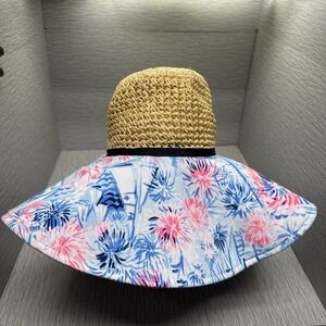 Lilly Pulitzer Straw Wide Brim Sun Hat‎ Tropical Floral Print Pink Blue One Size